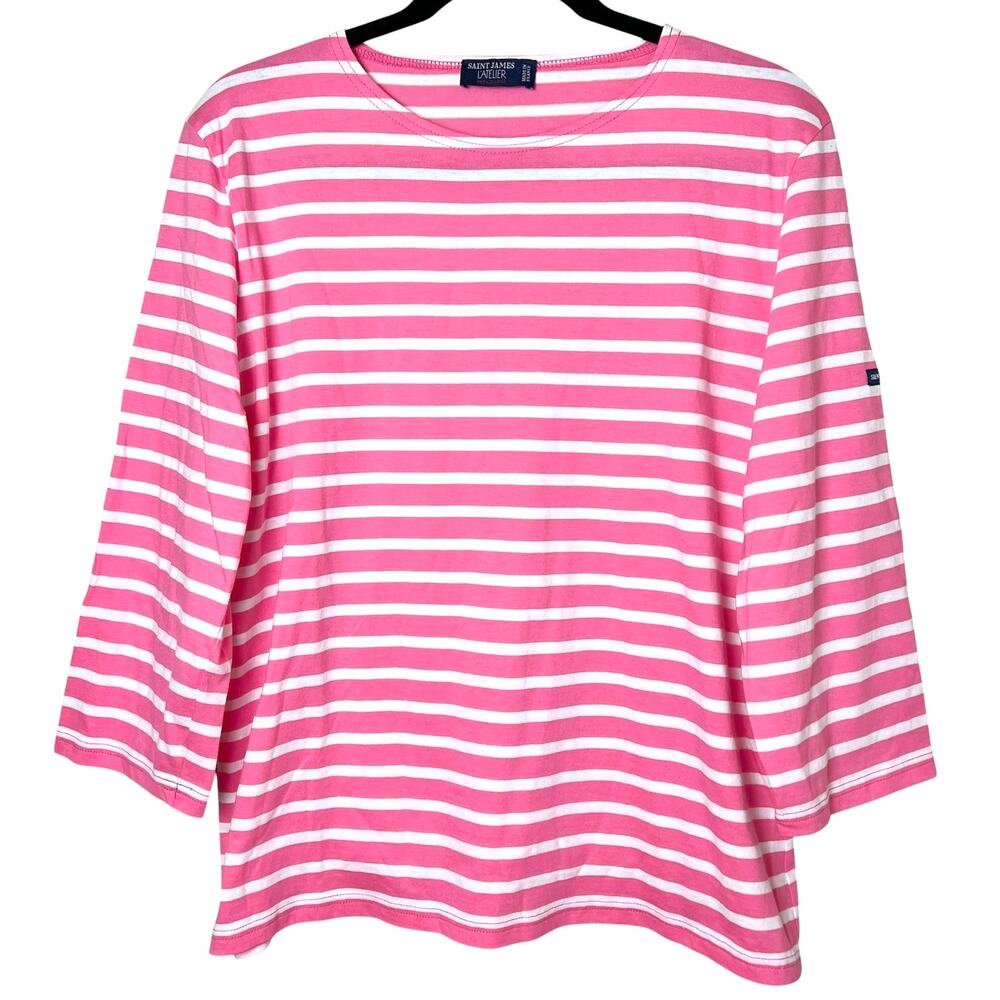 Saint James Classic Breton Striped 3/4 Sleeve Shirt Pink Wht French Style Sz 16